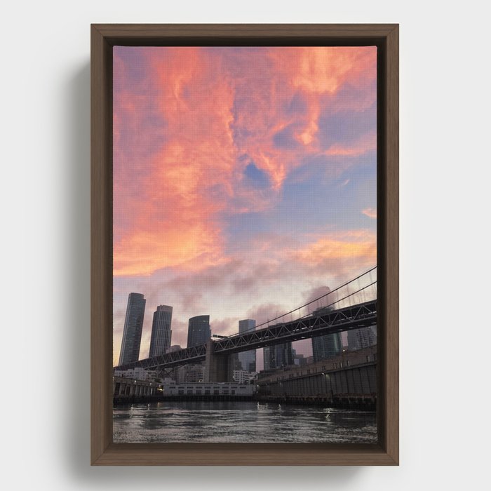 City Bridge Hot Pink Sunset  Framed Canvas