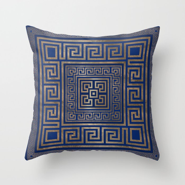 Greek Key Ornament - Greek Meander -gold on blue Throw Pillow