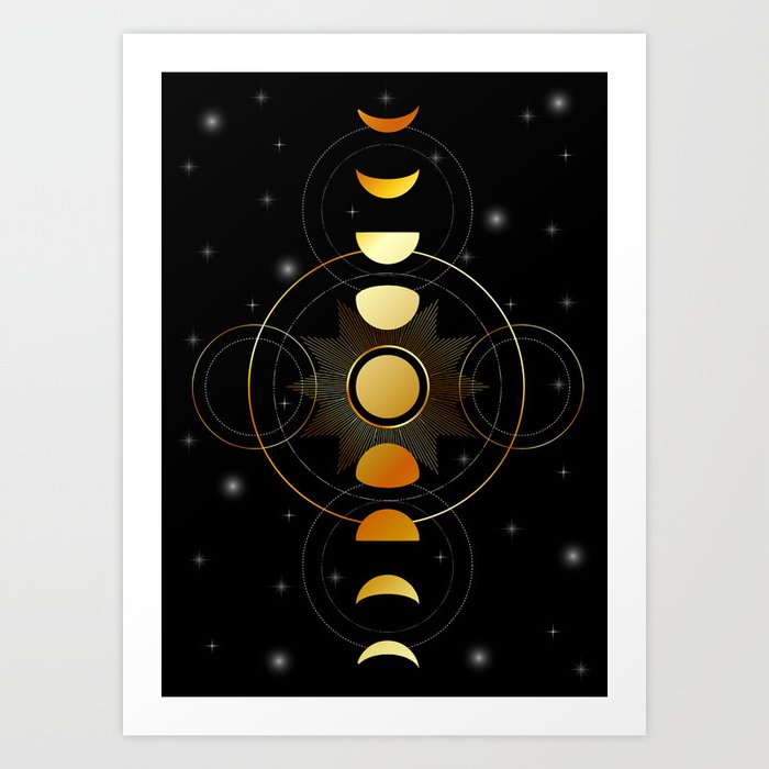 Celestial Moon phases stars and galaxy in gold Art Print