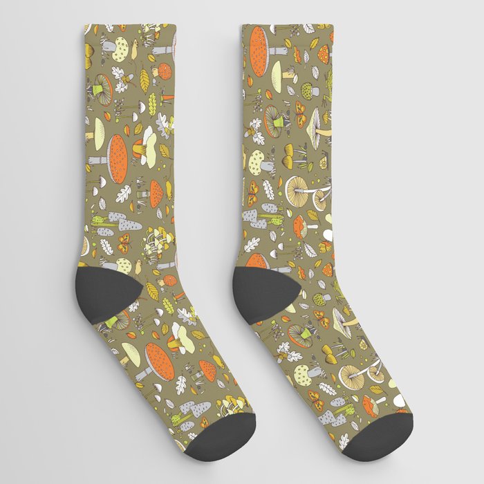 Forest Floor - mustard and orange _ fun fungus pattern by Cecca Designs Socks