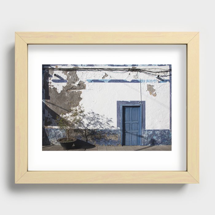 Blue Front Door and Weathered Wall with Plant | Canary Islands | Spain Recessed Framed Print