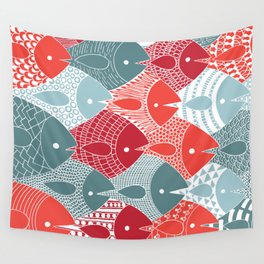 Fish Overlap Pattern Wall Tapestry | Drawing, Red, Salmon, Aquatic, Fishing, Lake, Illustration, Environment, Blue, Green 
