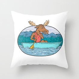 Moose Paddling Canoe Drawing Oval Throw Pillow