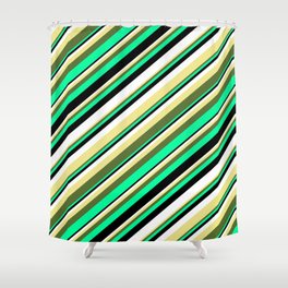 [ Thumbnail: Eyecatching Tan, Dark Olive Green, Green, Black, and White Colored Lines/Stripes Pattern Shower Curtain ]