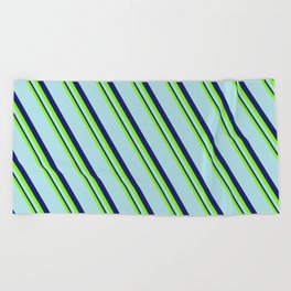 [ Thumbnail: Green, Powder Blue, and Midnight Blue Colored Pattern of Stripes Beach Towel ]