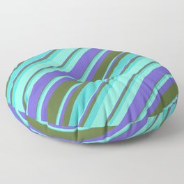 [ Thumbnail: Aquamarine, Slate Blue, Dark Olive Green, and Turquoise Colored Lines Pattern Floor Pillow ]