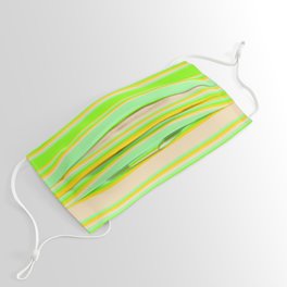 [ Thumbnail: Green, Chartreuse, Yellow & Tan Colored Stripes/Lines Pattern Face Mask ]