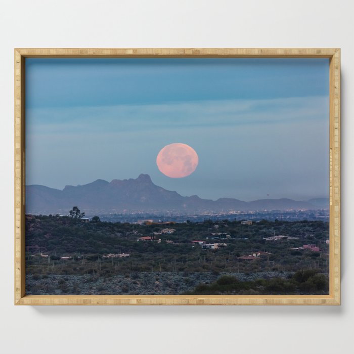 Moon Over Tucson - Full Moon Sets Early Morning in Tucson Arizona Serving Tray