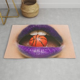 Swish; Hot lips - this is B-Ball; woman with basketball candy in her mouth color photograph / photography Rug