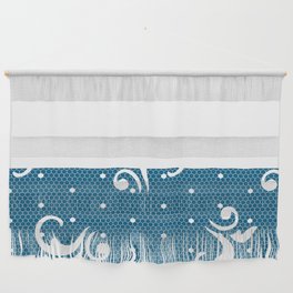 White Floral Curls Lace Horizontal Split on Dark Blue Wall Hanging