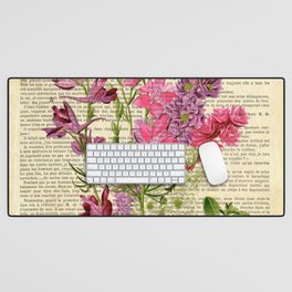 Botanical print on old book page - garden flowers Desk Mat