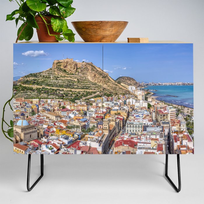 Alicante with the cathedral and the castle of Santa Barbara, Spain. Credenza