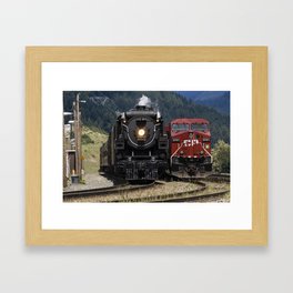 Old Meets New - The Canadian Pacific Steam Train 2816 meets a modern locomotive Framed Art Print
