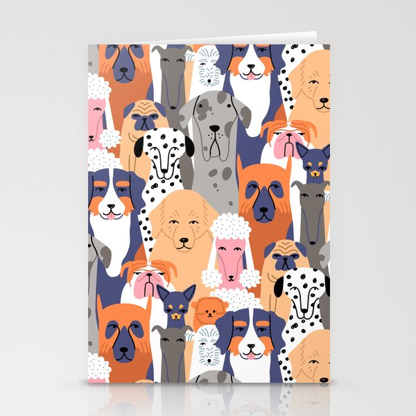 Funny diverse dog crowd character cartoon background Stationery Cards