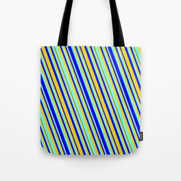 [ Thumbnail: Aquamarine, Blue & Yellow Colored Lines Pattern Tote Bag ]