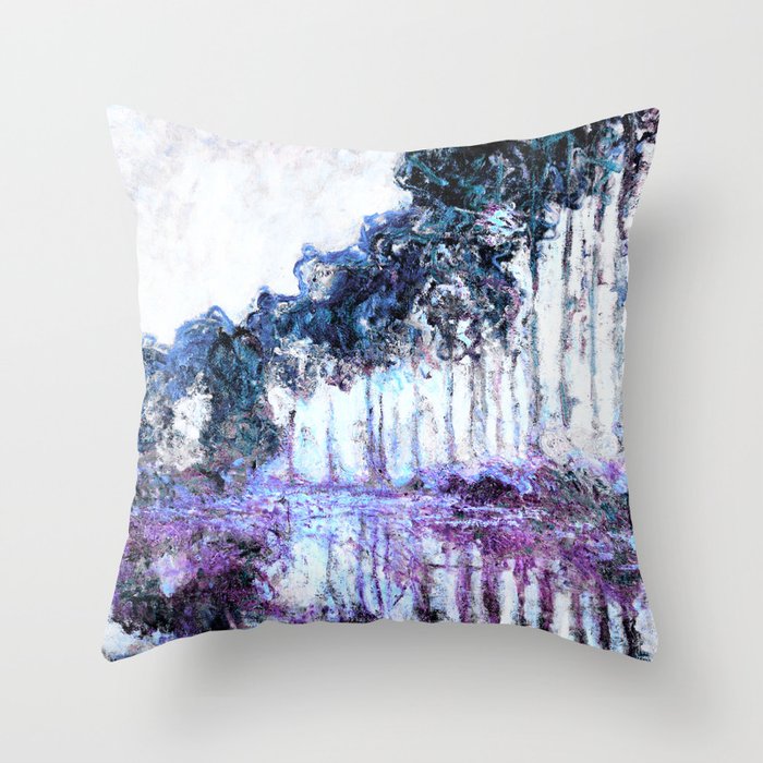 Monet : Poplars Lavender Periwinkle Deep Blue Throw Pillow