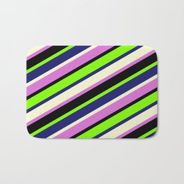 [ Thumbnail: Vibrant Chartreuse, Midnight Blue, Light Yellow, Orchid, and Black Colored Striped Pattern Bath Mat ]