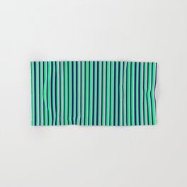 [ Thumbnail: Midnight Blue, Green, and Grey Colored Stripes/Lines Pattern Hand & Bath Towel ]