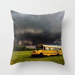 Thunder Bus - Thunderstorm Advances Over Old School Bus on Stormy Spring Day in Oklahoma Throw Pillow