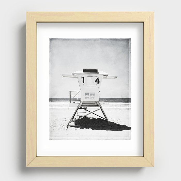 Black and White Beach Photography, Grey Lifeguard Stand, Gray Coastal Nautical Art Recessed Framed Print