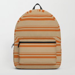 [ Thumbnail: Chocolate and Tan Colored Lined/Striped Pattern Backpack ]