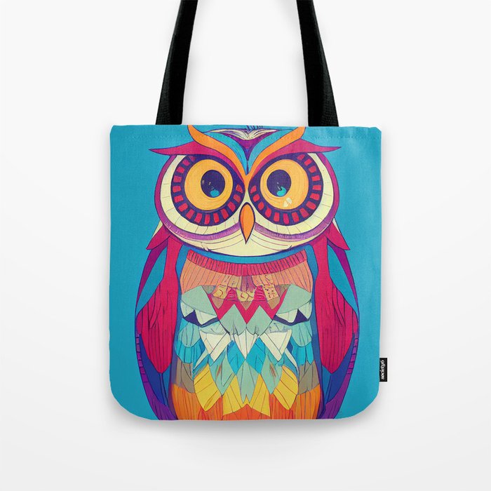 Colorful Owl Portrait Illustration - Bright Vibrant Colors Bohemian Style Feathers Psychedelic Bird Animal Rainbow Colored Art Tote Bag