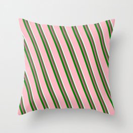 [ Thumbnail: Eyecatching Light Pink, Light Cyan, Dark Olive Green, Hot Pink & Green Colored Striped Pattern Throw Pillow ]