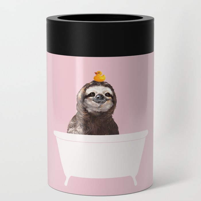 Happy Sloth in Bathtub in Pink Can Cooler