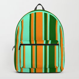 [ Thumbnail: Dark Orange, Dark Green, and Aquamarine Colored Stripes Pattern Backpack ]