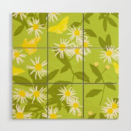 Little Daisies And Butterflies Retro Floral Green Wood Wall Art