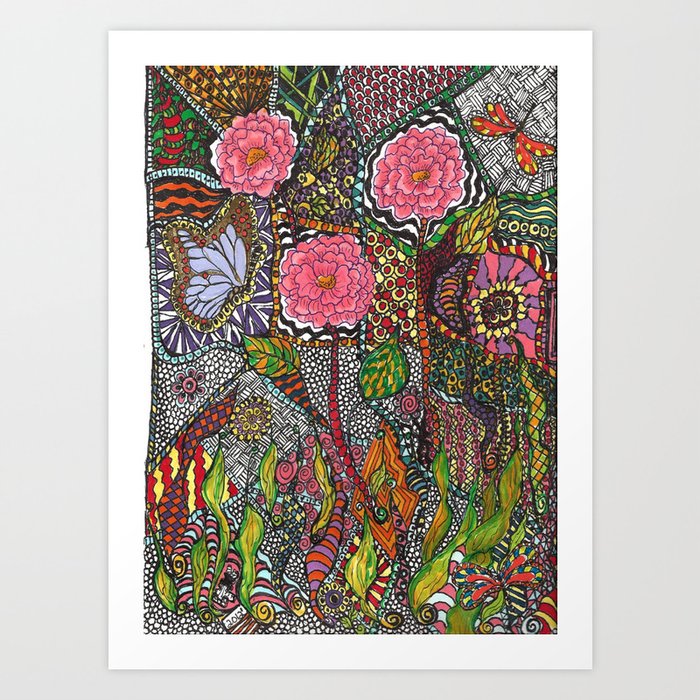 A Doodled Drawing Trio Of Pink Flowers  Art Print