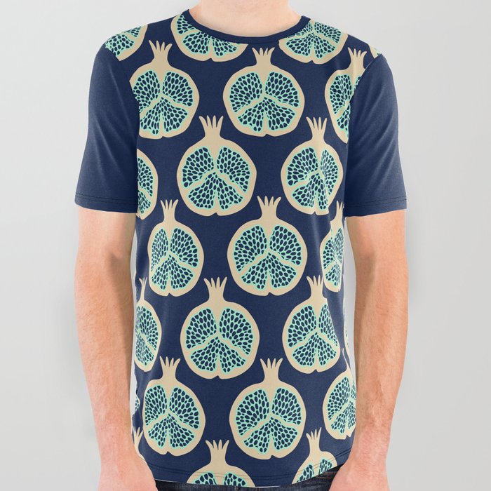 POMEGRANATES in MINT GREEN AND SAND ON DARK BLUE All Over Graphic Tee