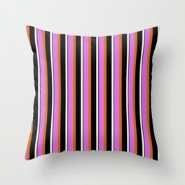 [ Thumbnail: Orchid, Chocolate, Black, Beige & Midnight Blue Colored Lined/Striped Pattern Throw Pillow ]