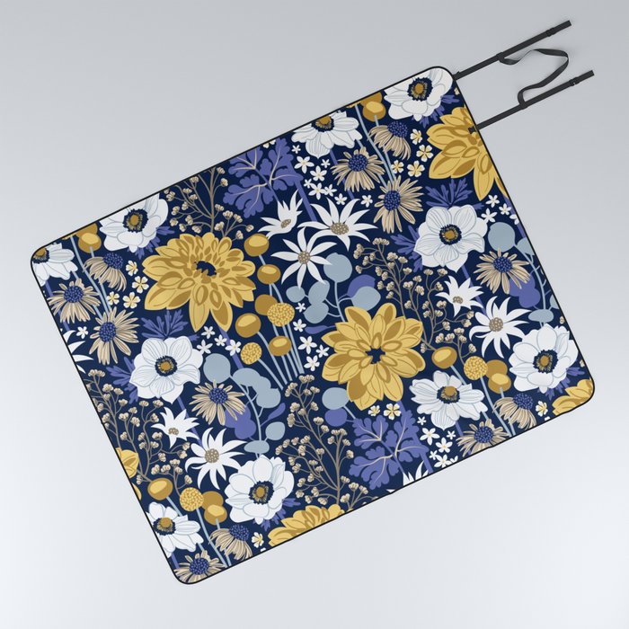 Boho garden // oxford navy blue background background very peri pastel blue yellow ivory and white flowers  Picnic Blanket