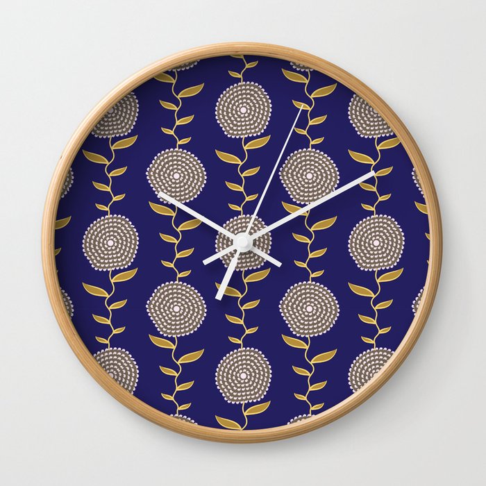 Chrysanthemums, Navy Blue Wall Clock