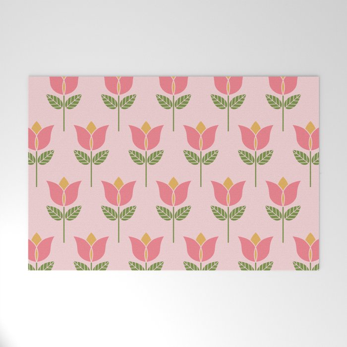 Retro geometric open tulip flowers on pink Welcome Mat