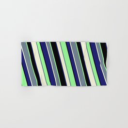 [ Thumbnail: Vibrant Slate Gray, Beige, Midnight Blue, Black, and Green Colored Stripes/Lines Pattern Hand & Bath Towel ]