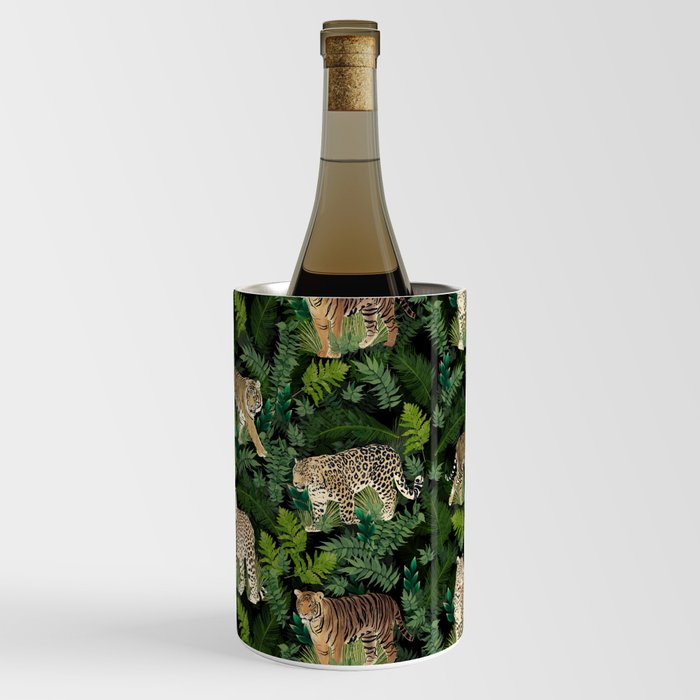 Modern Leopards Tigers Jungle Plants Black Design Wine Chiller