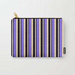 [ Thumbnail: Black, Tan, and Medium Slate Blue Colored Stripes/Lines Pattern Carry-All Pouch ]