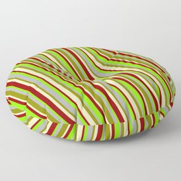 [ Thumbnail: Eye-catching Dark Grey, Green, Beige, Dark Red, and Chartreuse Colored Lined/Striped Pattern Floor Pillow ]