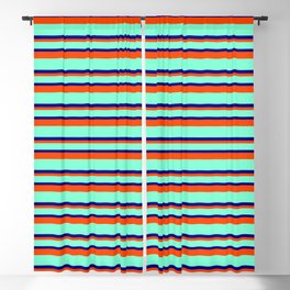 [ Thumbnail: Aquamarine, Blue & Red Colored Striped/Lined Pattern Blackout Curtain ]