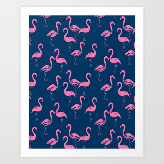 Flamingo modern watercolor girly cute navy blue pastel pink case tropical island summer animal Art Print