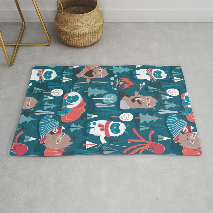 Besties // blue background white Yeti brown Bigfoot blue pine trees red and coral details Rug