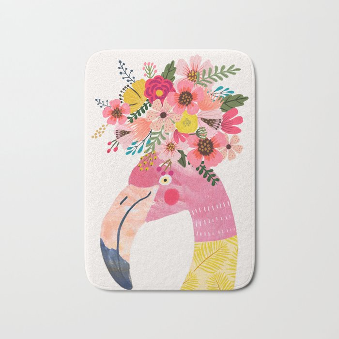 Pink flamingo with flowers on head Bath Mat