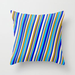 [ Thumbnail: Beige, Dark Goldenrod, Deep Sky Blue & Blue Colored Stripes Pattern Throw Pillow ]