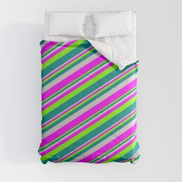[ Thumbnail: Light Grey, Fuchsia, Green, and Dark Cyan Colored Lines/Stripes Pattern Comforter ]