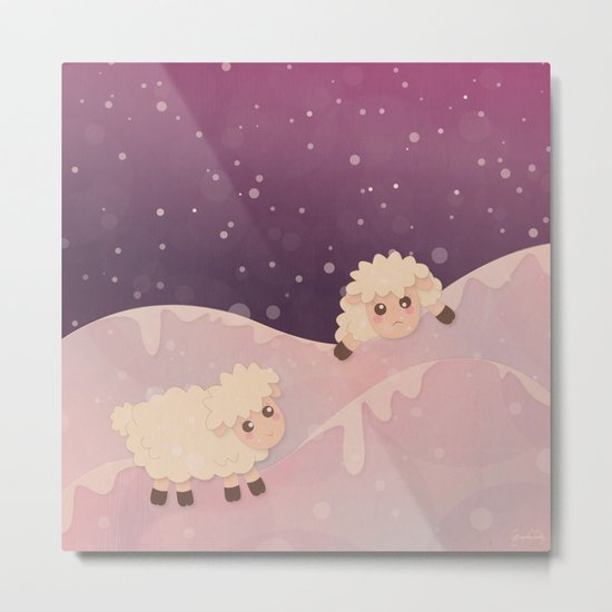 Cartoon Baby Sheep, Red Violet Snowy Bokeh Background Metal Print