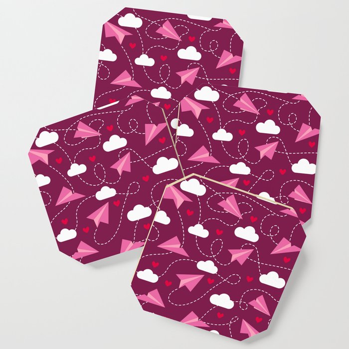 Valentine's hearts paper airplanes love clouds burgundy Coaster