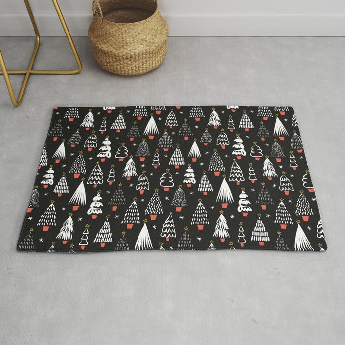 Modern Black and White Sketch Christmas Trees Rug by Sandra Hutter