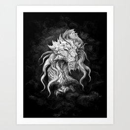 Dark Side Japanese Dragon portrait on black background | Graphit Art Print